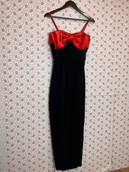 Vintage 1960s Black Velvet & Red Satin Bow Evening Dress