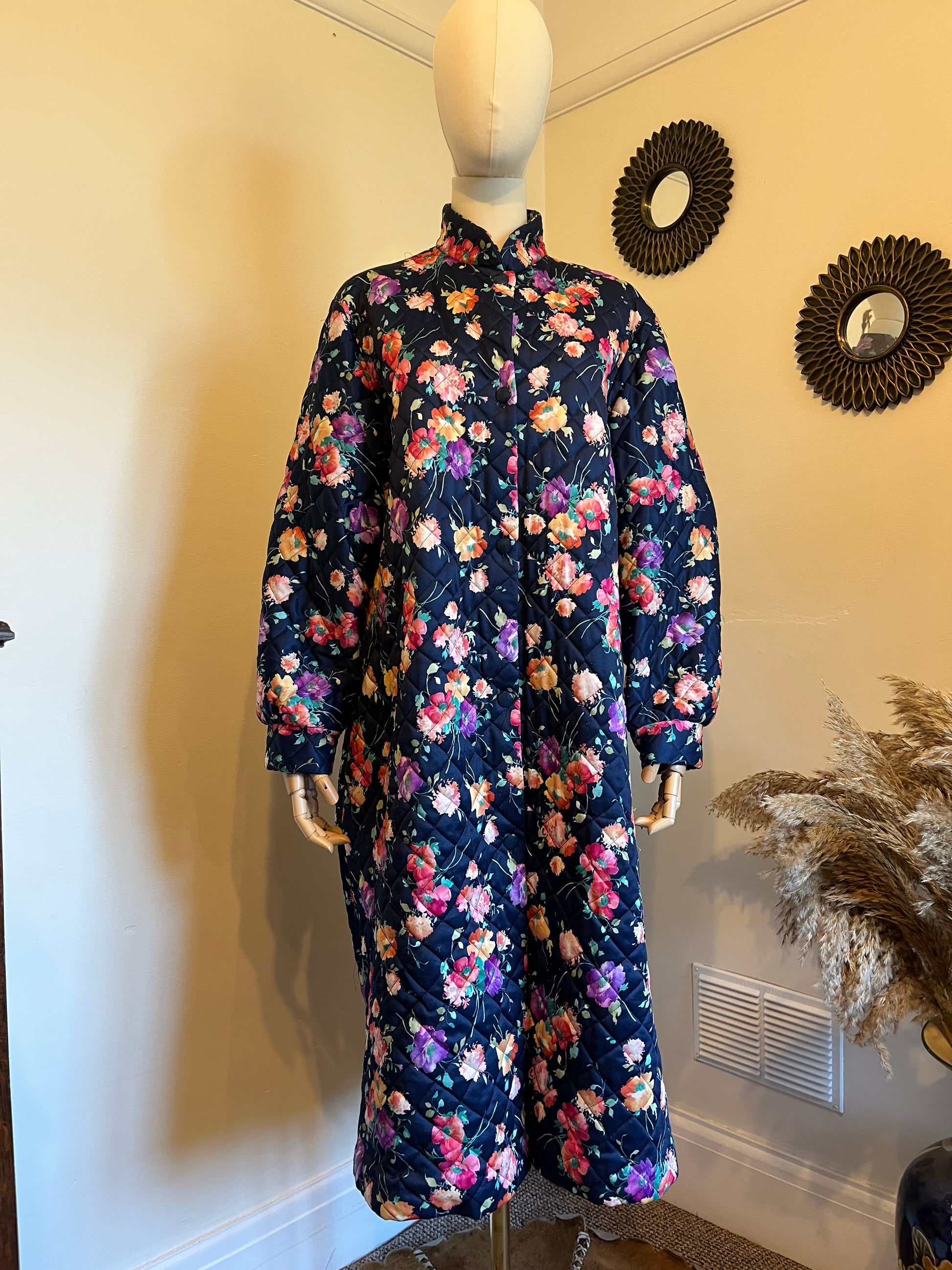 Vintage 1960s floral quilted house coat nylon colourful feminine colourful long sleeve full length gown with buttons and mandarin high neck  