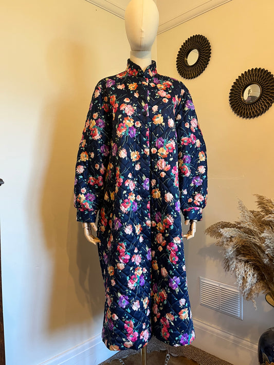 Vintage 1960s floral quilted house coat nylon colourful feminine colourful long sleeve full length gown with buttons and mandarin high neck  