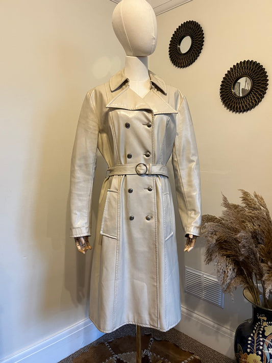 Vintage 1960s vinyl double breasted collared coat  incredible rare 1969s design. Fully lined, original belt, pointed collar size medium large 