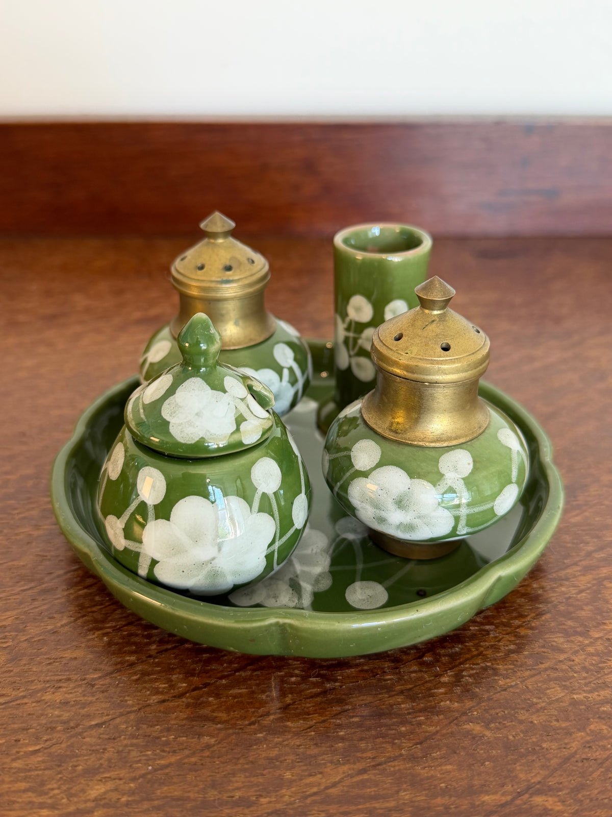 Vintage 1970s Hand Painted Thai Green Floral Ceramic Condiment Set