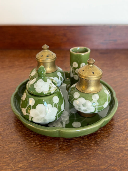 Vintage 1970s Hand Painted Thai Green Floral Ceramic Condiment Set