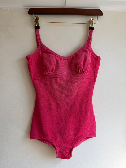 Vintage 1970s raspberry pink terry towelling one-piece swimsuit with gathered bust and scoop back.
