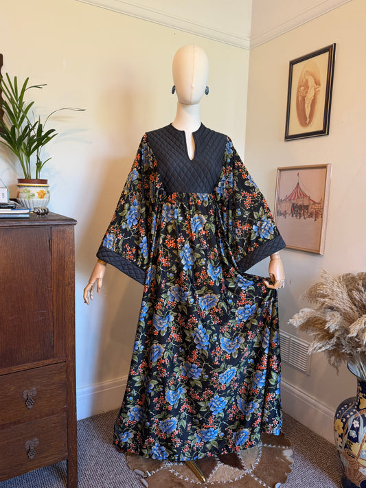 Vintage 1970s  black floral bohemian floaty maxi dress with quilt panels red green and blue colour way nylon floaty dress 