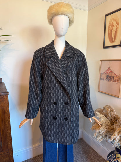 Vintage St Michael pure new wool grey and charcoal patterned coat, made in Germany, with a double-breasted front, wide lapels, dark buttons and full satin lining