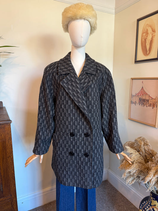 Vintage St Michael pure new wool grey and charcoal patterned coat, made in Germany, with a double-breasted front, wide lapels, dark buttons and full satin lining