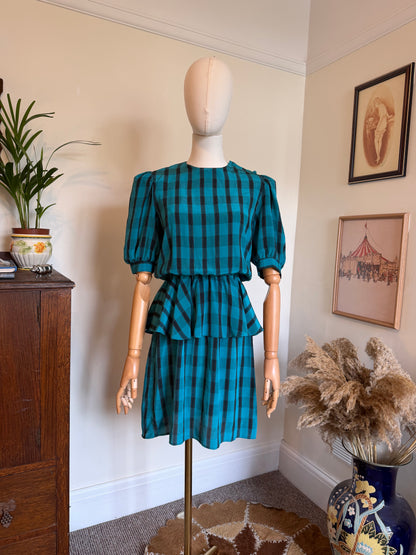 Vintage 1980s checked tiered bodycon mini dress In blue and black buttons at the shoulder half length sleeves vintage style great with boots or trainers summer style 