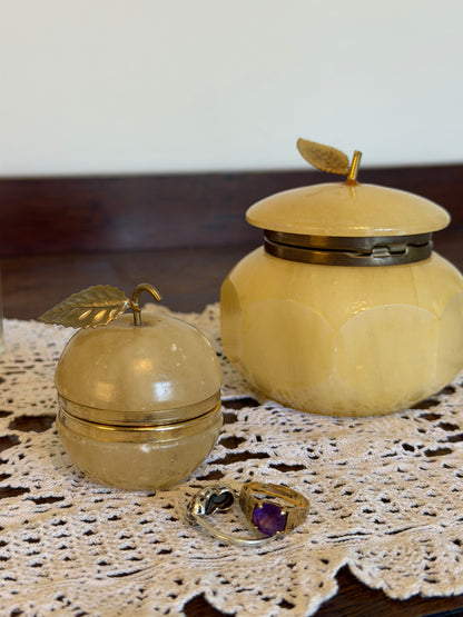 Vintage Alabaster Apple Trinket Box & Faceted Alabaster Jewellery Pot Set