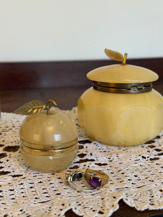 Vintage Alabaster Apple Trinket Box & Faceted Alabaster Jewellery Pot Set