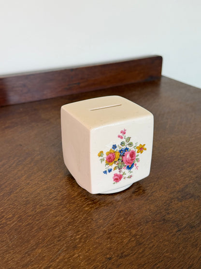 c.1950s Carlton Ware ceramic floral money box with ivory glaze, colourful bouquet decoration and removable stopper.
