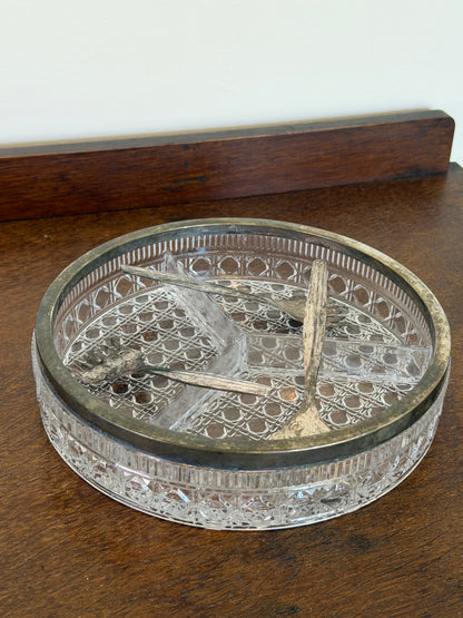 Vintage divided pressed glass serving dish with silverplate rim and three decorative cocktail forks.