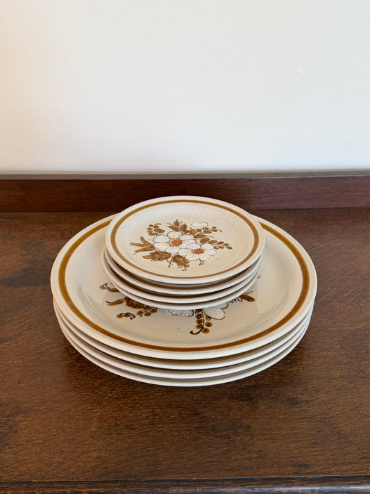 Vintage Japanese Mountain Wood Collection stoneware dinner and side plate set with brown floral design.