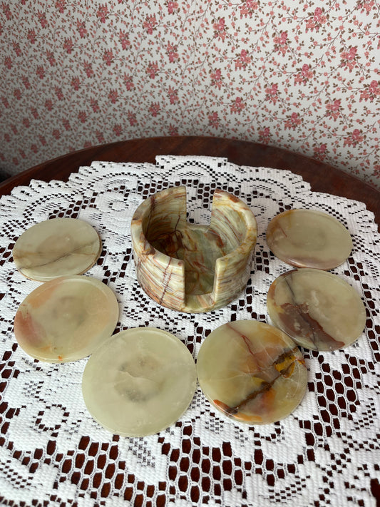 Vintage Marble Stone Coaster and Holder Set of 6